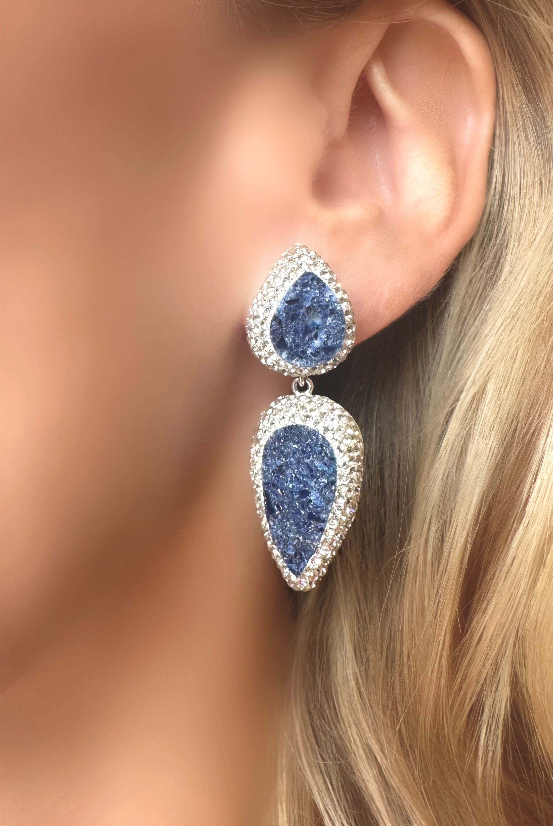 Glossy Quartz Drop Earrings (Blue) (925 Silver)