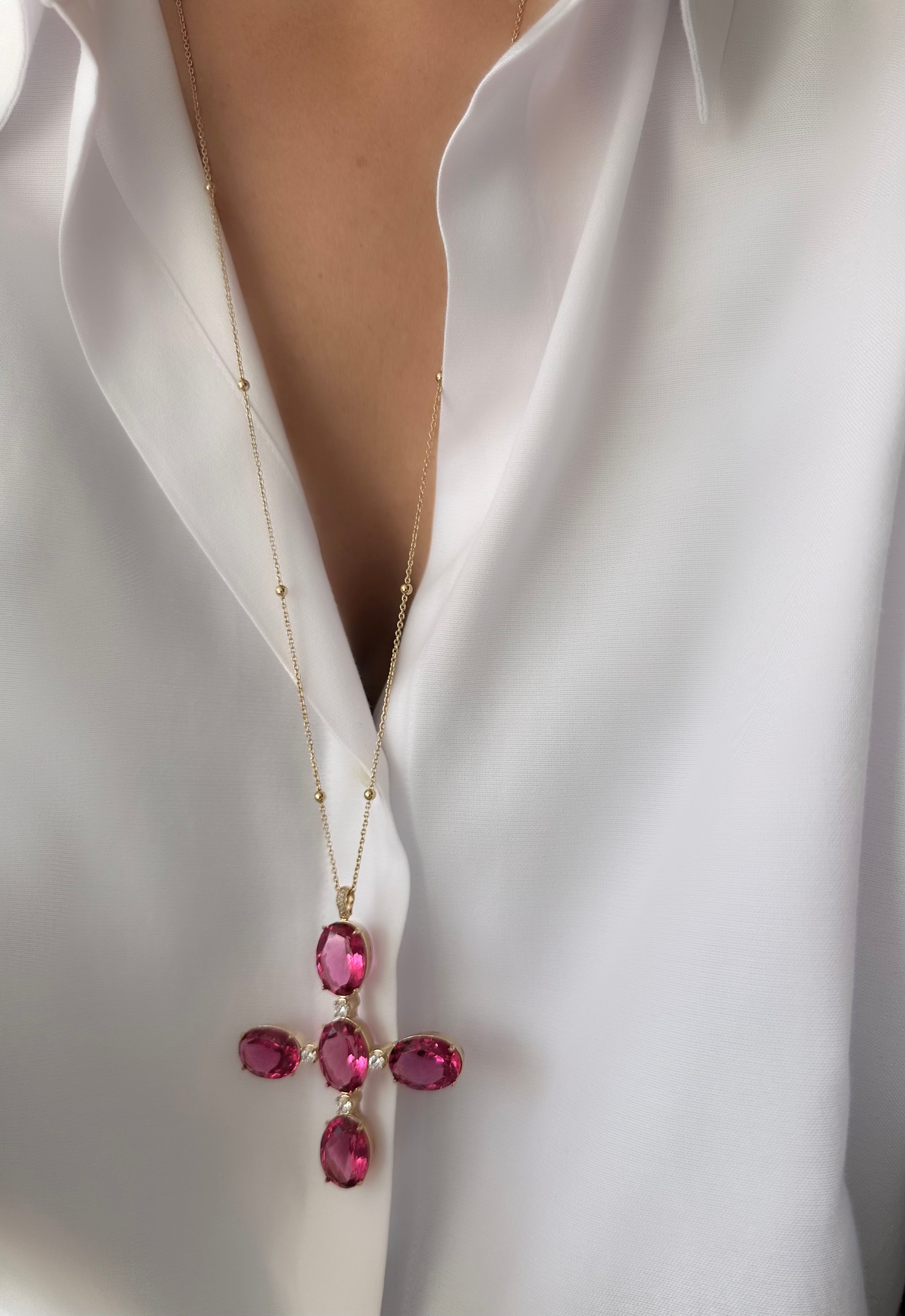 Siamese Cross Necklace (Pink) (24k gold plated silver)